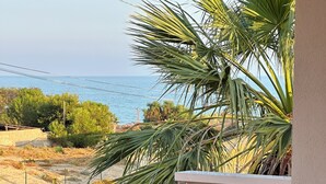 A balcony with a view of the sea, a palm tree, and a blue chair. - Mediterranea Suite holiday home (Gela)