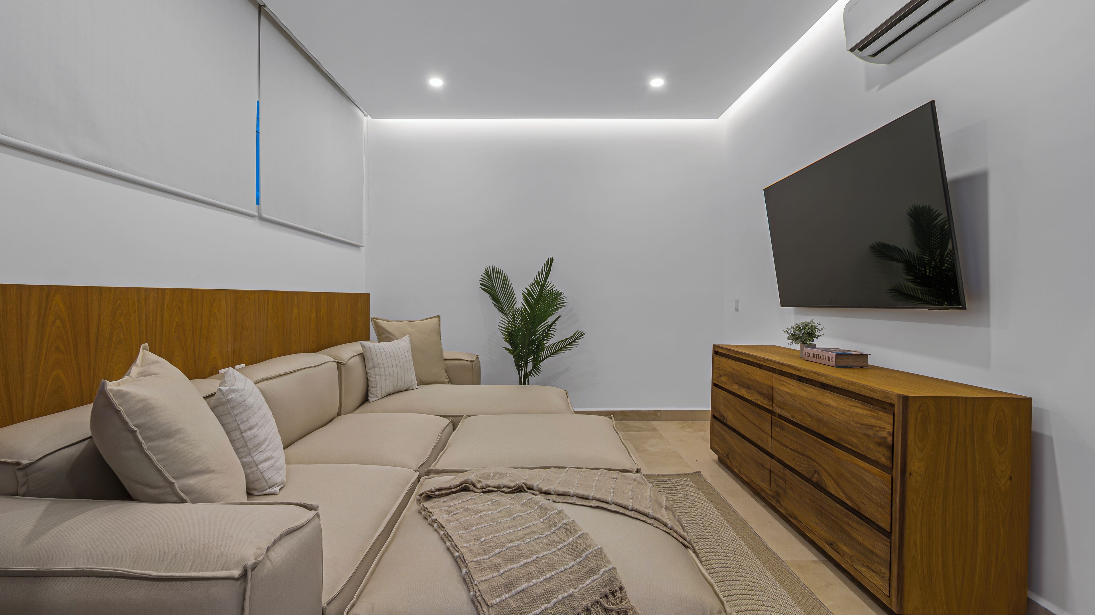 Een moderne woonkamer met een bank, een houten kast, een televisie en een plant.