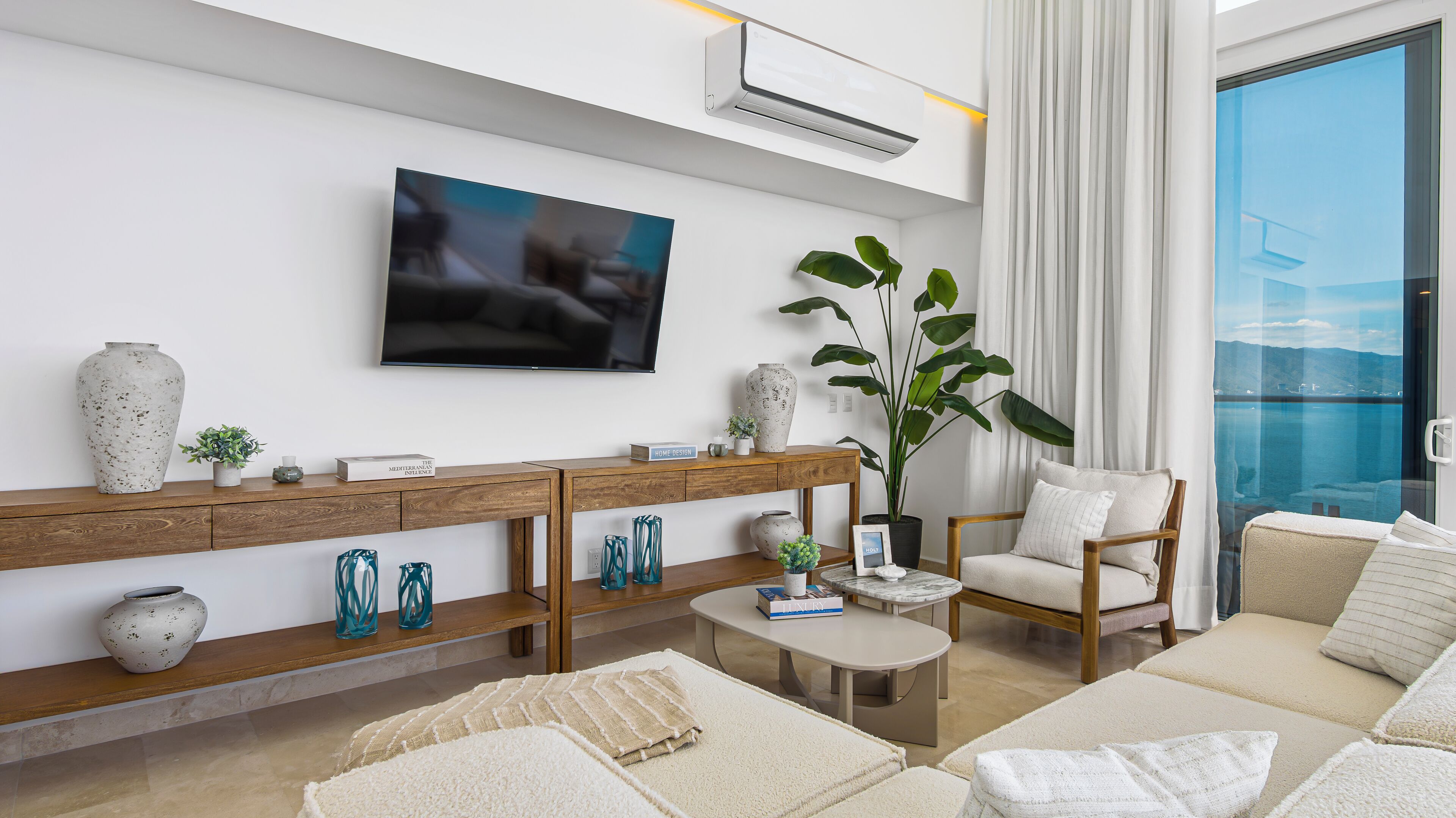 A modern living room with a sofa set, a coffee table, a TV, a large plant, and a view through a window.