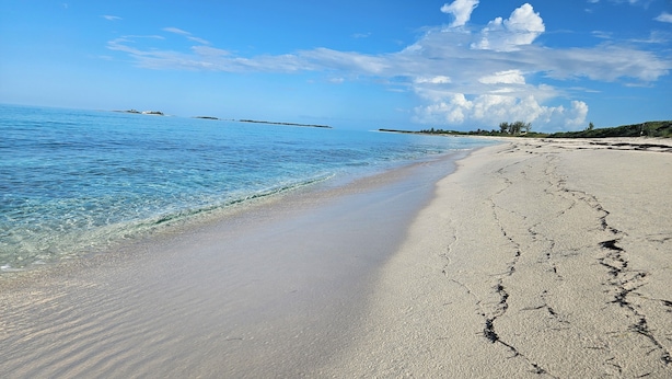 Una spiaggia con acque cristalline, una riva sabbiosa e rilievi in lontananza.