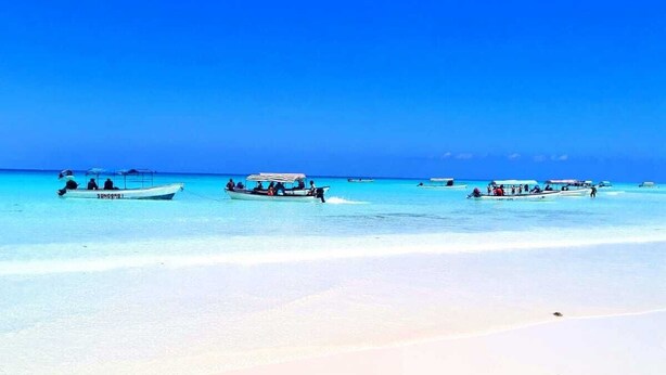 Une plage où plusieurs bateaux sont amarrés dans des eaux peu profondes, sous un ciel bleu dégagé, et bordée d’un rivage sablonneux.