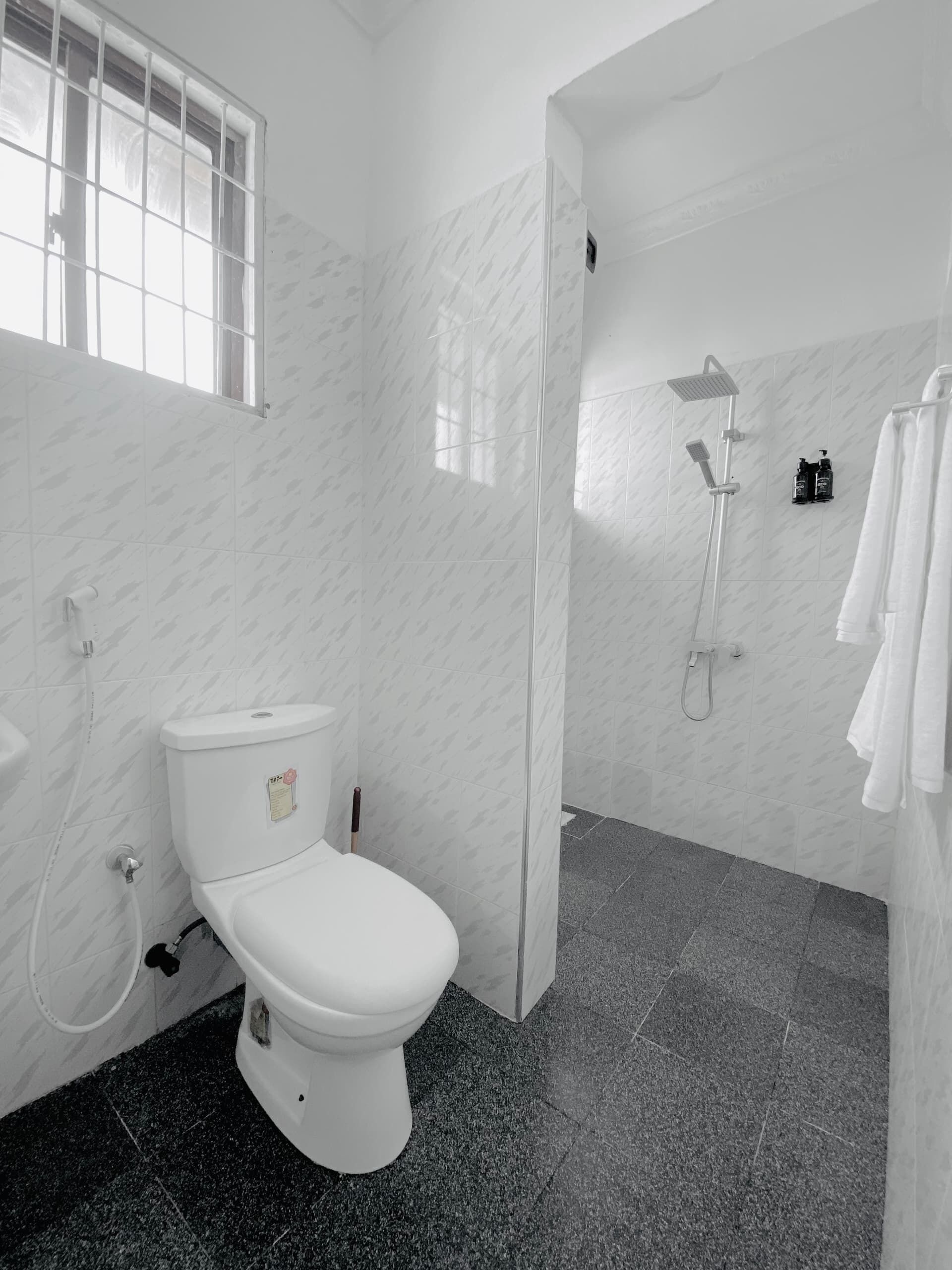 A modern bathroom with a toilet, shower, and sink.