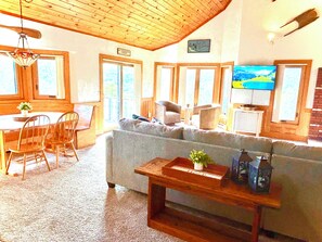 Smart TV, fireplace, table football, books