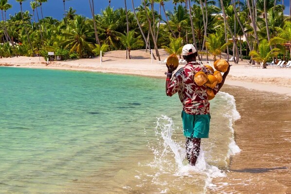 A beach scene with palm trees and a person carrying coconuts. - Hotel Neon (Punta Cana)