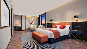 A modern hotel room with a large bed, bedside tables, a desk, and a view of the cityscape.