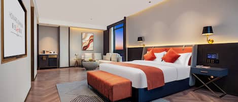 A modern hotel room with a large bed, bedside tables, a desk, and a view of the cityscape.