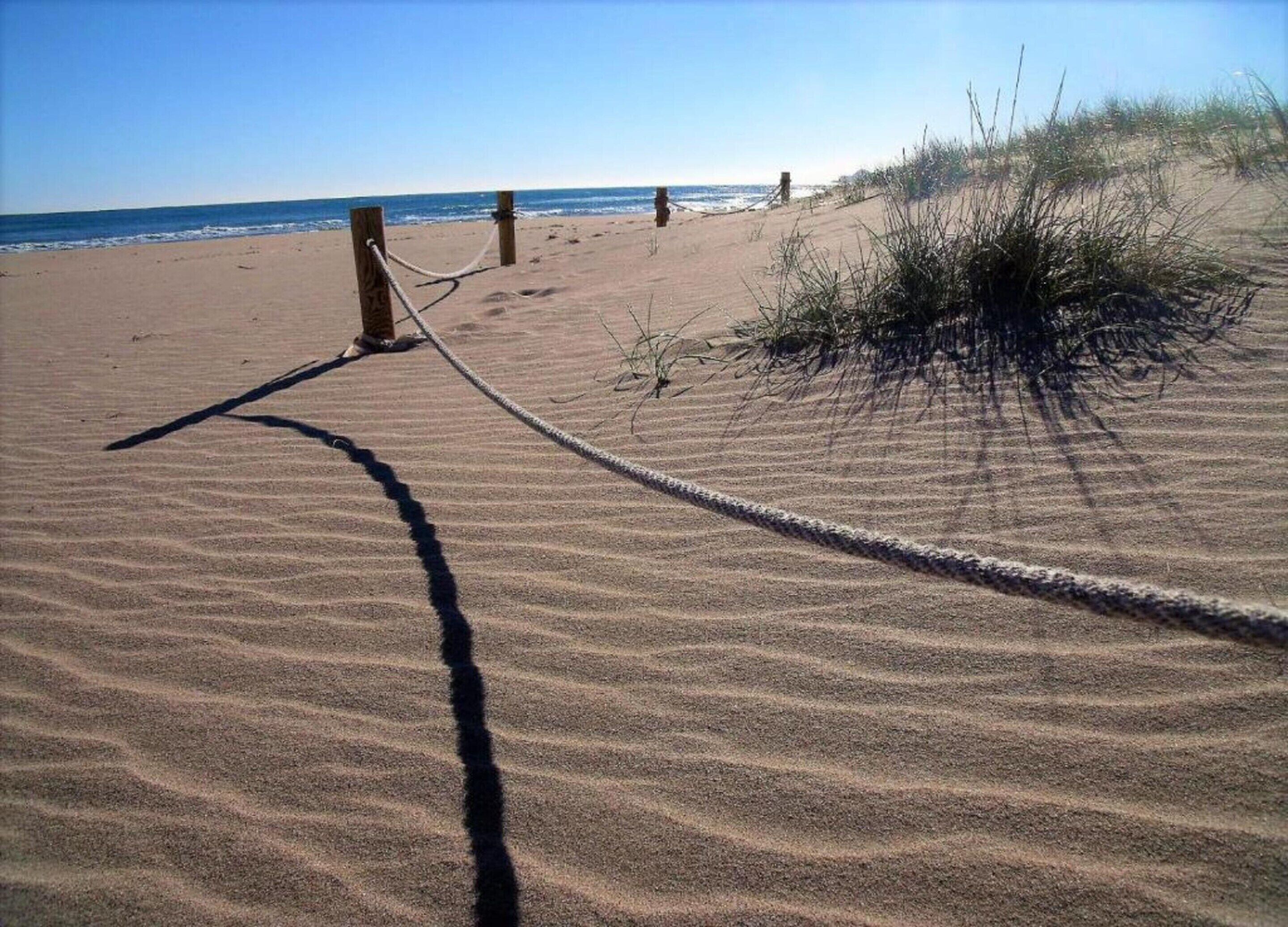 A sandy beach with a rope barrier and wooden posts.