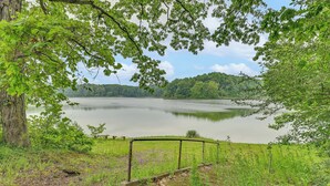 Vista de un lago con barandilla metálica y zona verde.