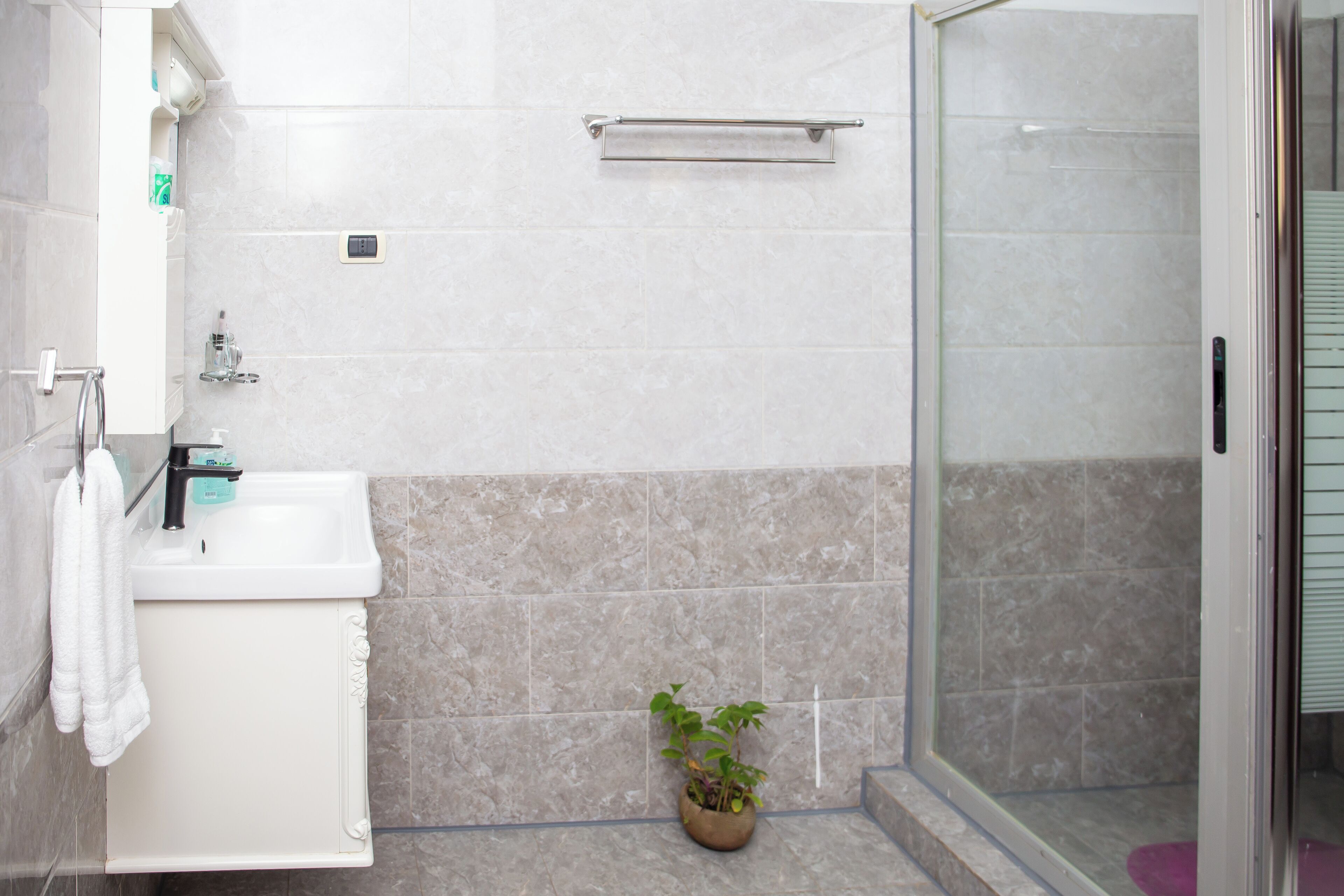 Une salle de bain avec un lavabo, un porte-serviettes et une plante en pot.