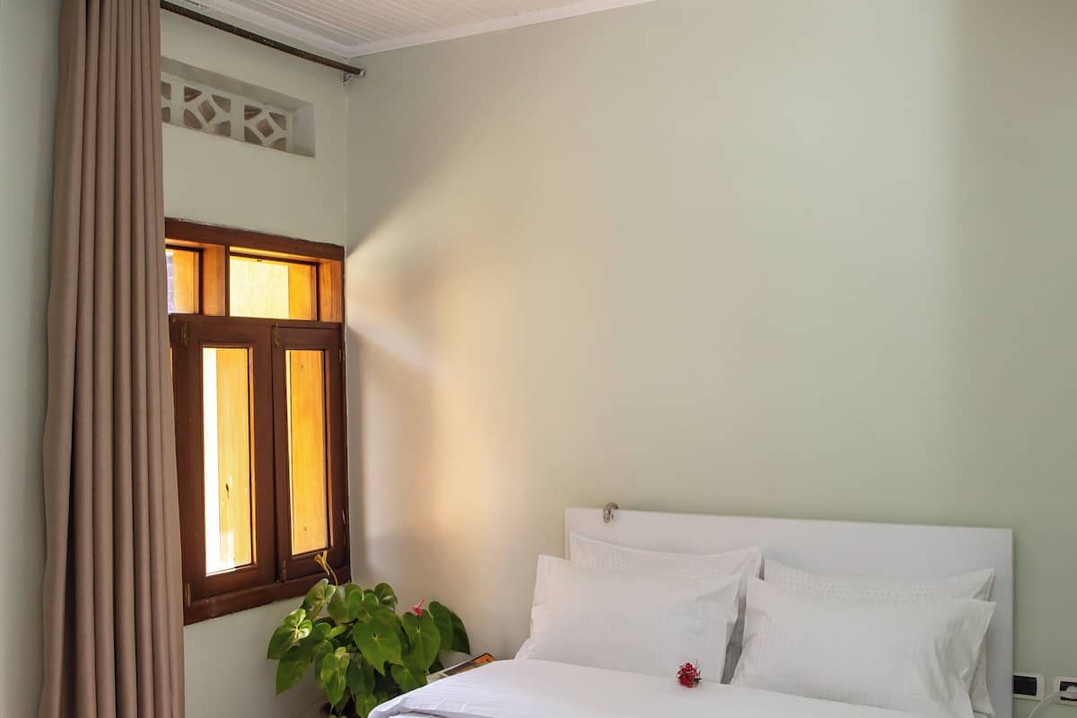 A bedroom with a bed, curtains, a window, and a plant.
