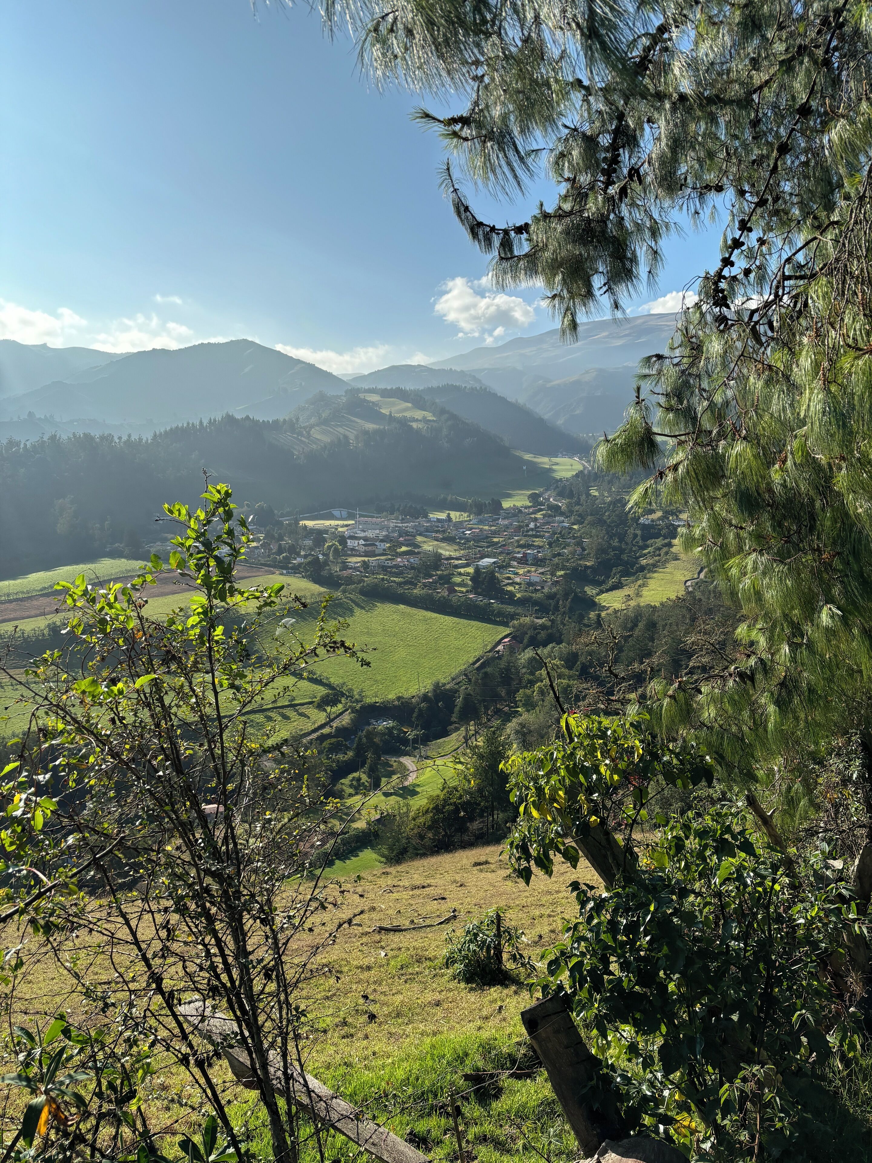Una vista panorámica de un valle con un pueblo situado entre campos verdes y montañas al fondo.