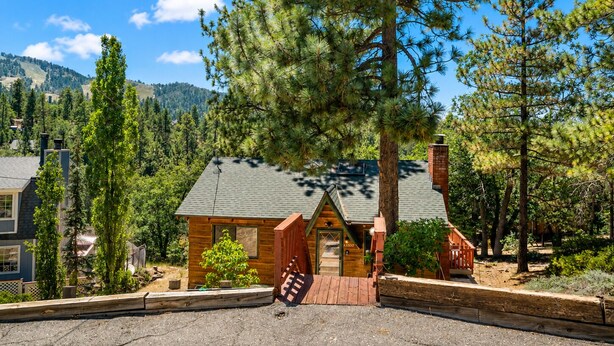 A cabin with a sloped roof, wooden exterior, and a small porch. - Pinecone Ridge (Big Bear Lake)