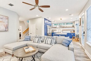 Smart TV, fireplace, books, offices