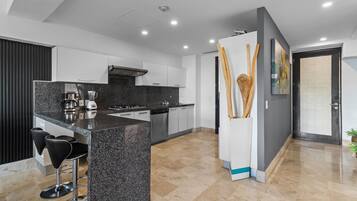 Full-size fridge, microwave, stovetop, espresso maker