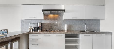 大型冷蔵庫、電子レンジ、コンロ、エスプレッソマシン