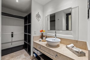 Combined shower/bathtub, free toiletries, hair dryer, towels