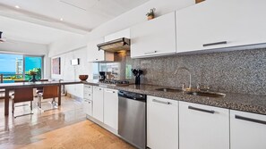 Full-size fridge, microwave, stovetop, espresso maker