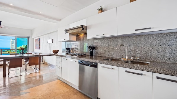 Full-size fridge, microwave, stovetop, espresso maker