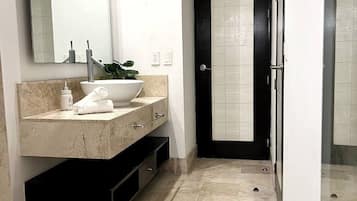 Combined shower/bathtub, free toiletries, hair dryer, towels