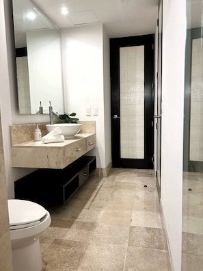 Combined shower/bathtub, free toiletries, hair dryer, towels