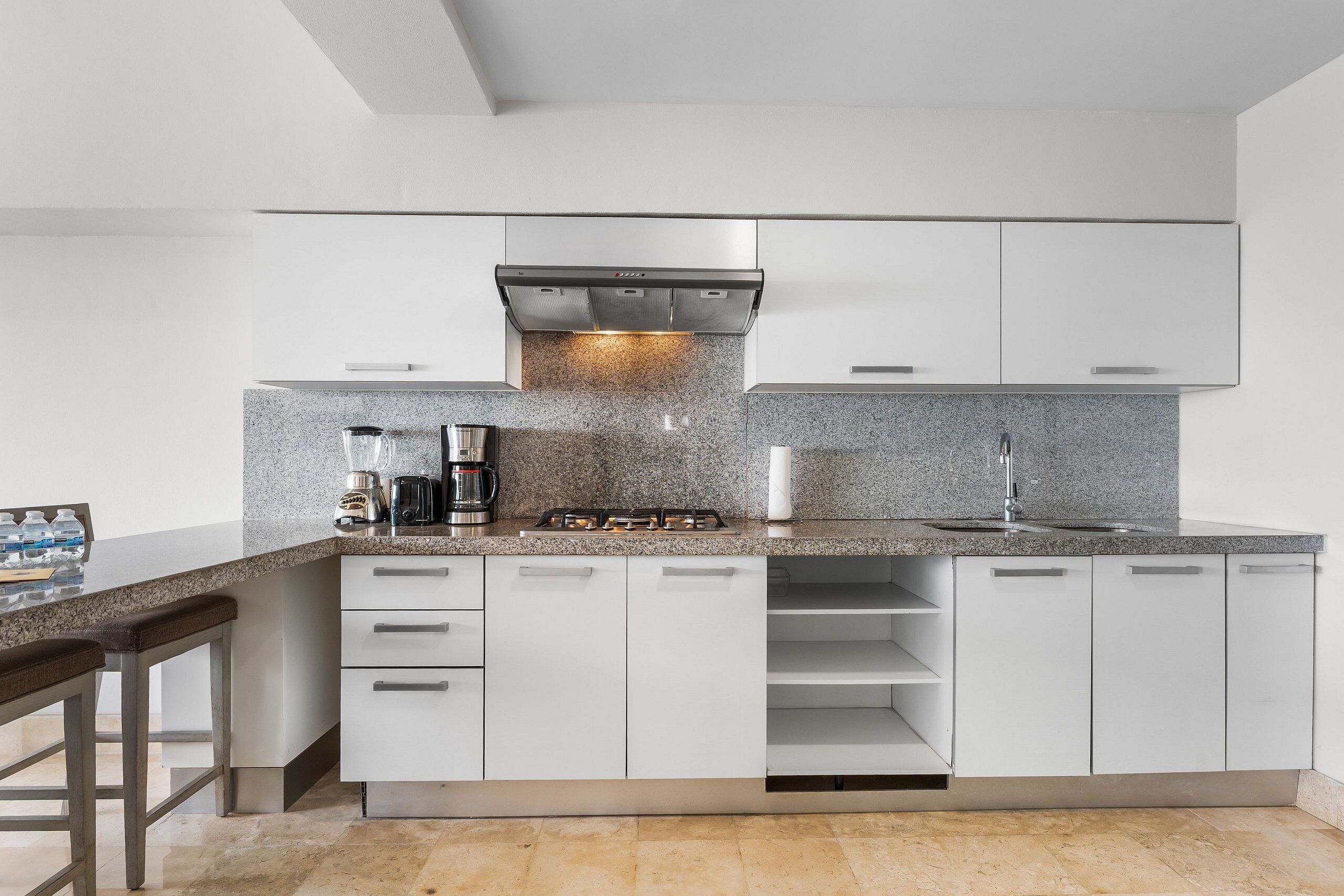Full-sized fridge, microwave, stovetop, espresso maker