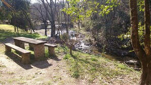 Una mesa de picnic en un entorno natural, con un arroyo y árboles.