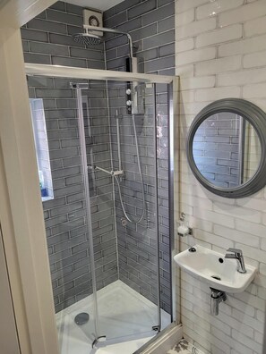 Shower, towels, toilet paper