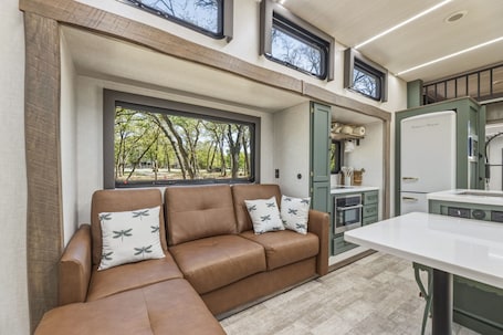 Interior. Private Lakeside RV Escape with Hot Tub, Multi-Level Deck, & Easy Water Access