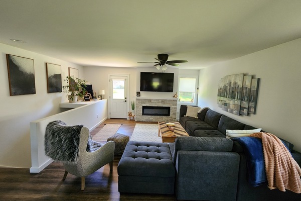 Smart TV, lareira, DVD player, livros