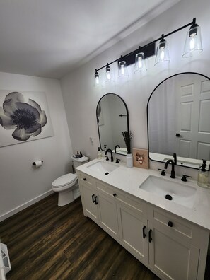 Shower, hair dryer, bidet, towels