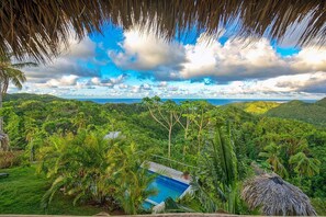 A lush tropical landscape with a pool and a view of the ocean. - Eco Casa Algana (Samaná)