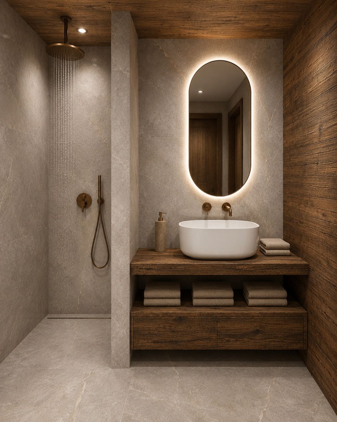 Un bagno moderno con una vasca da bagno freestanding, un mobile bagno in legno e uno specchio grande.