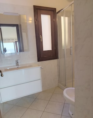 Hair dryer, bidet, towels, toilet paper