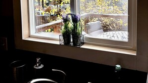 Une cuisine avec une fenêtre donnant sur une terrasse où le feuillage est jaune.