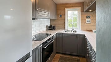 Fridge, oven, stovetop, coffee/tea maker