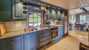 Une cuisine moderne avec des meubles de couleur sombre, un évier à deux bacs et un four encastré.