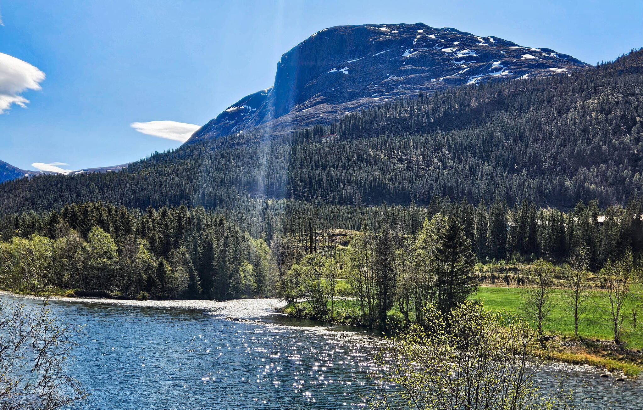 A mountain landscape with a river in the foreground and a forested area.