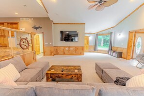 Smart TV, fireplace, foosball, table tennis