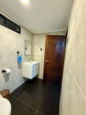 Douche, séchoir à cheveux, serviettes fournies, savon