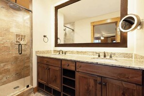 Shower, jetted tub, towels, soap