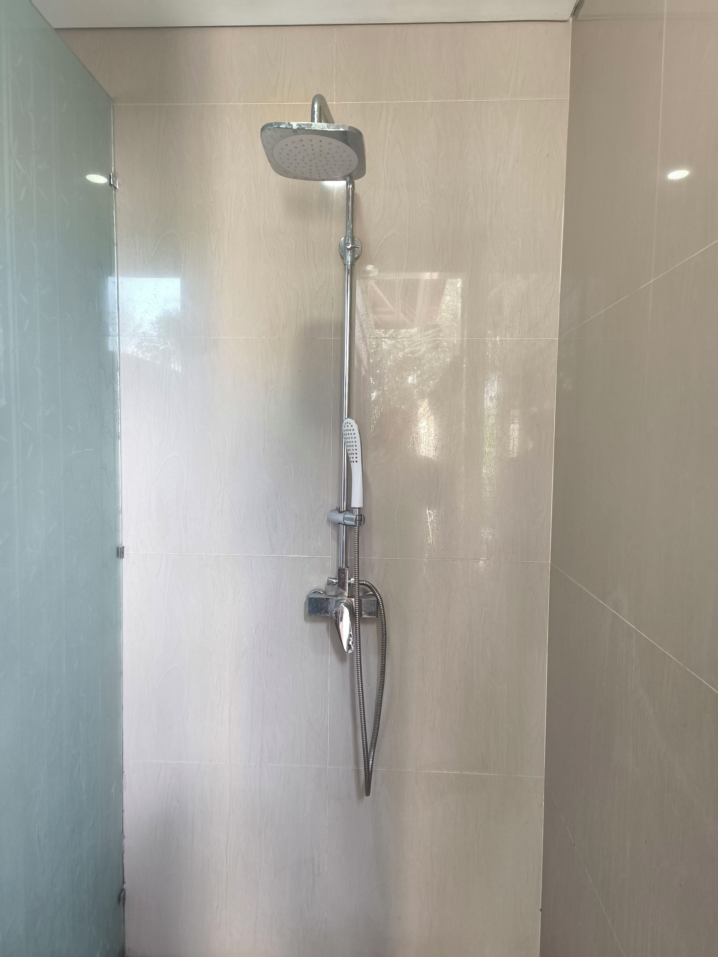 Shower, hair dryer, soap, shampoo