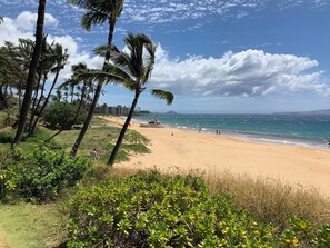On the beach, sun-loungers, beach towels