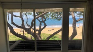 Une pièce dotée d’une grande fenêtre donnant sur une plage bordée d’arbres et sur l’océan.