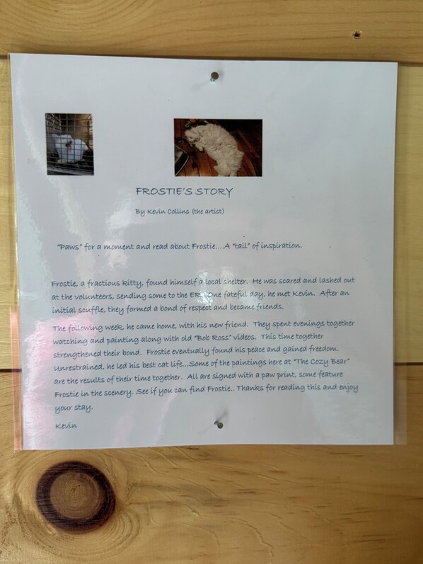 Une histoire imprimée intitulée « L’HISTOIRE DE FROSTIE », de Kevin Collins, comprenant un texte et deux images d’un chat.