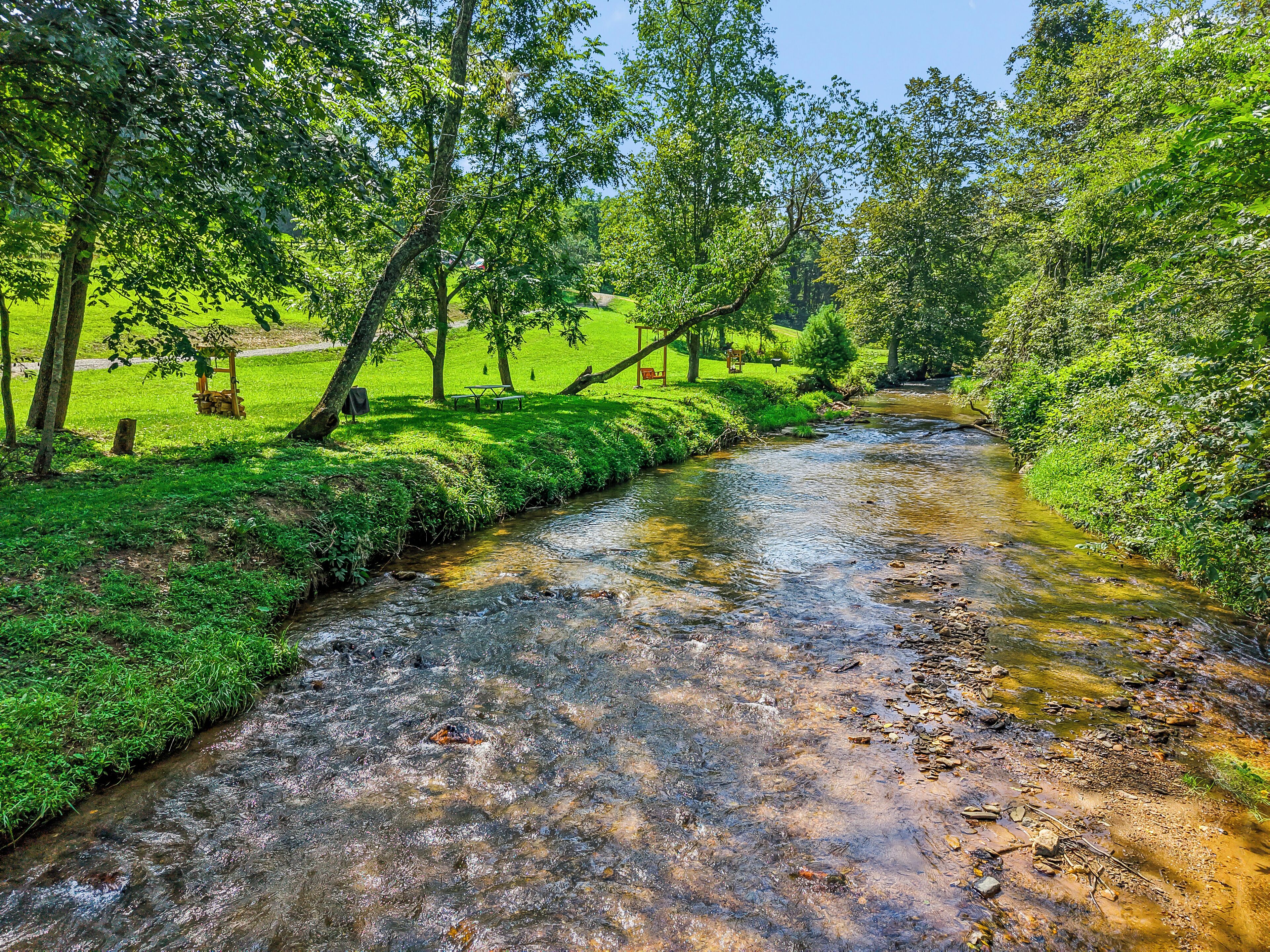 Een natuurlijk landschap met een stromende beek, weelderige begroeiing en een picknickplaats.