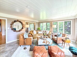 TV connectée, cheminée, livres