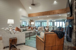 Smart TV, fireplace, books