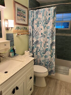 Hair dryer, towels, soap, toilet paper