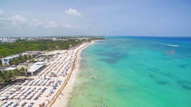 An aerial view of a beach with rows of sunbeds and umbrellas, a clear blue ocean, and a distant shoreline with buildings. - Relax and Connect: Terrace + Nearby Beach (Playa del Carmen)