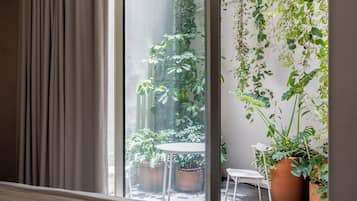 Suite estudio de diseño, 1 cama de matrimonio grande, bañera de hidromasaje, planta baja | Vistas desde la habitación